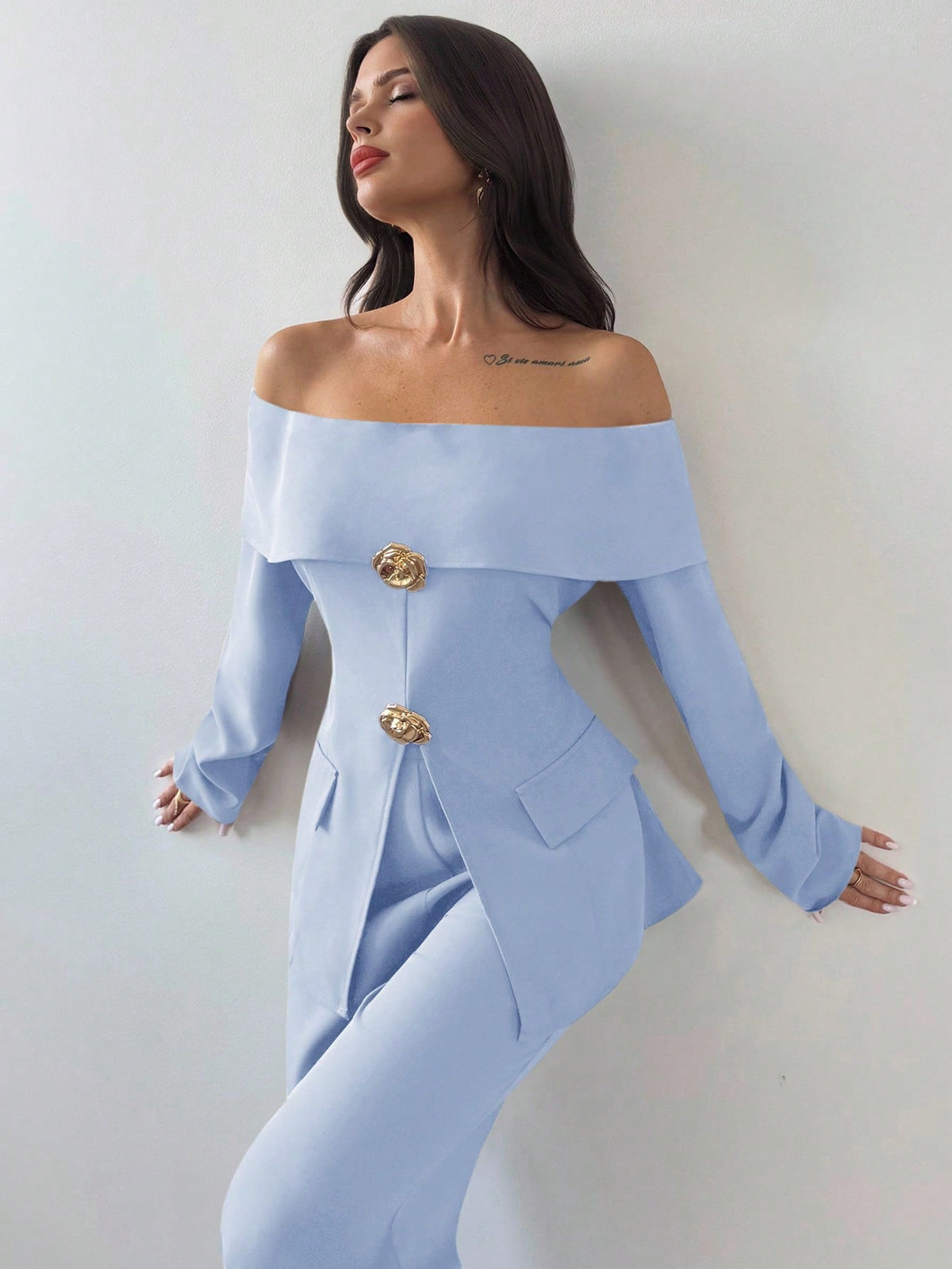Firerie 2pcs Women Elegant Cold Shoulder Long Sleeve Top And Pants Set, Suitable For Commuting In Summer/ Party Aqua Blue
