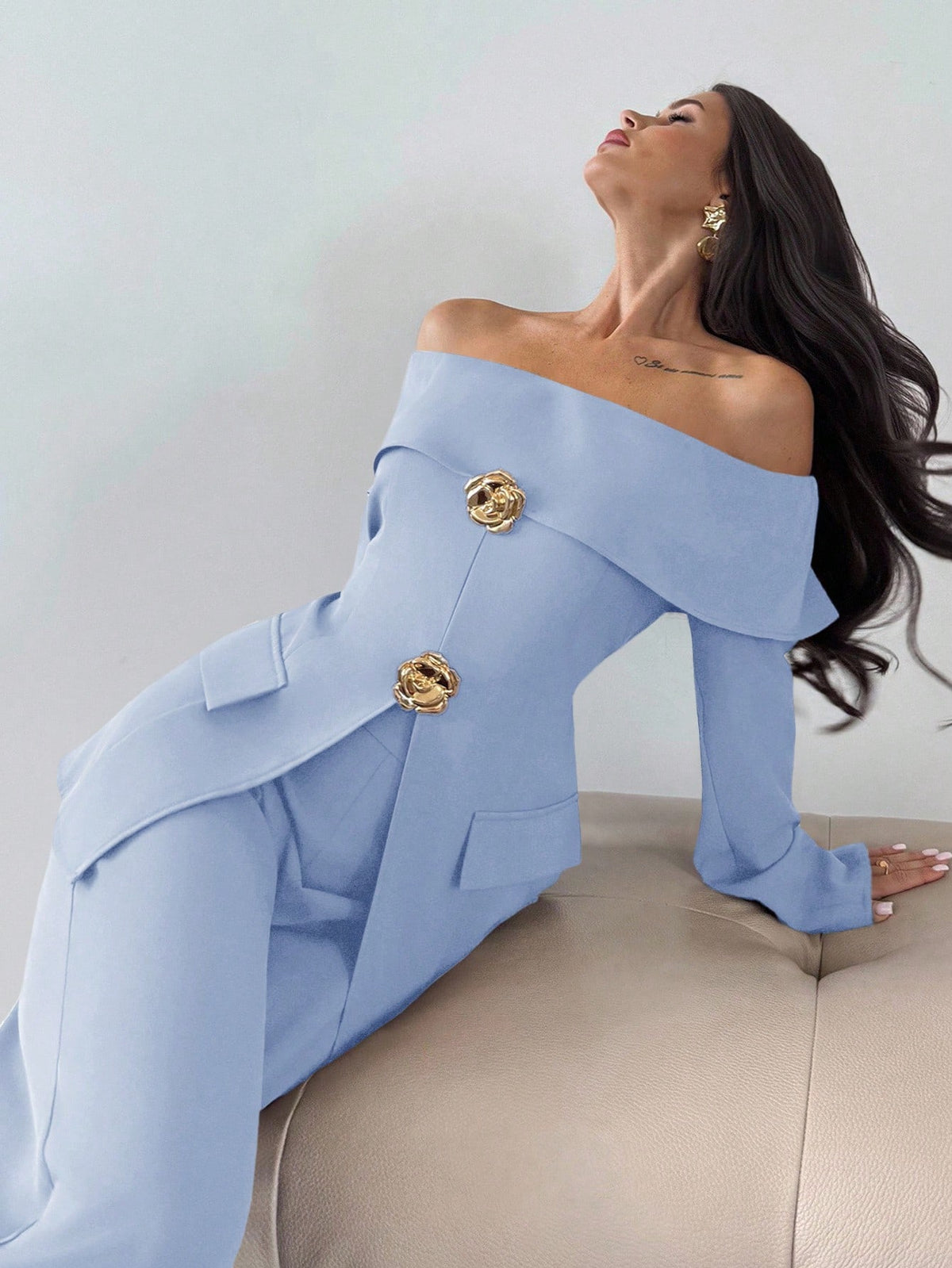 Firerie 2pcs Women Elegant Cold Shoulder Long Sleeve Top And Pants Set, Suitable For Commuting In Summer/ Party Aqua Blue