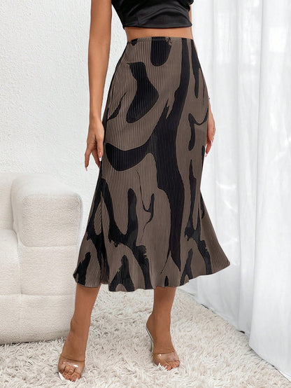 Firerie Elegant Black Winter Milkmaid Brown Allover Print Mermaid Hem Skirt,Ladies Casual Lettuce Trim High Waist Long Regular Fit Women Skirts,Brunch Work