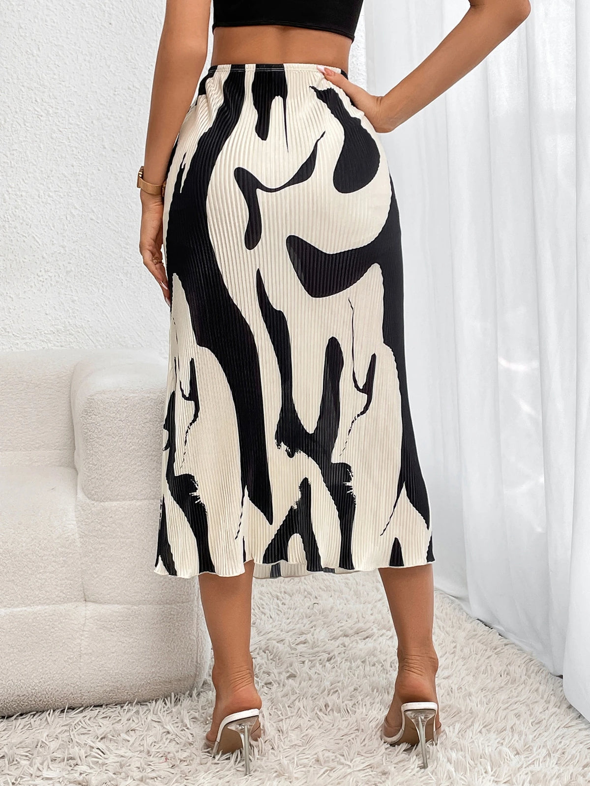 Firerie Elegant Black Winter Milkmaid Brown Allover Print Mermaid Hem Skirt,Ladies Casual Lettuce Trim High Waist Long Regular Fit Women Skirts,Brunch Work