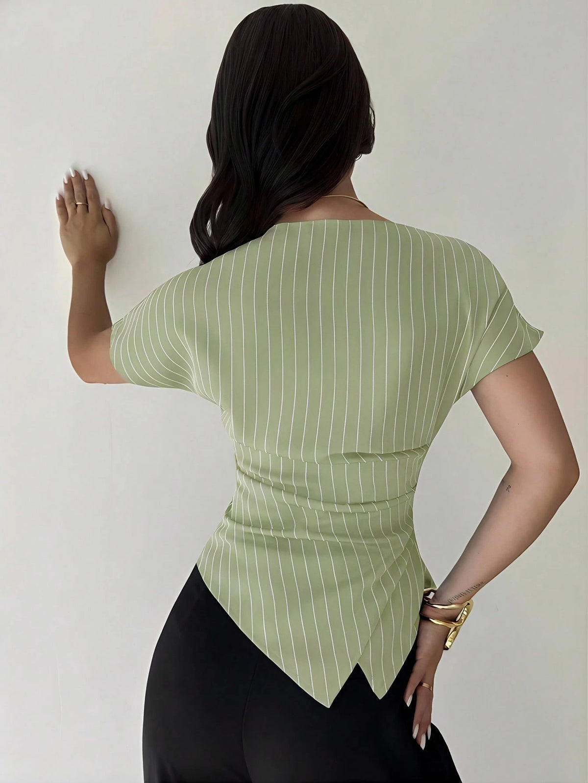 Firerie Elegant Green And White Striped Summer Blouse,Asymmetric Hem Office Work Tops For Women,Business Casual Teacher Outfits,Fashionable Commuting Shirts