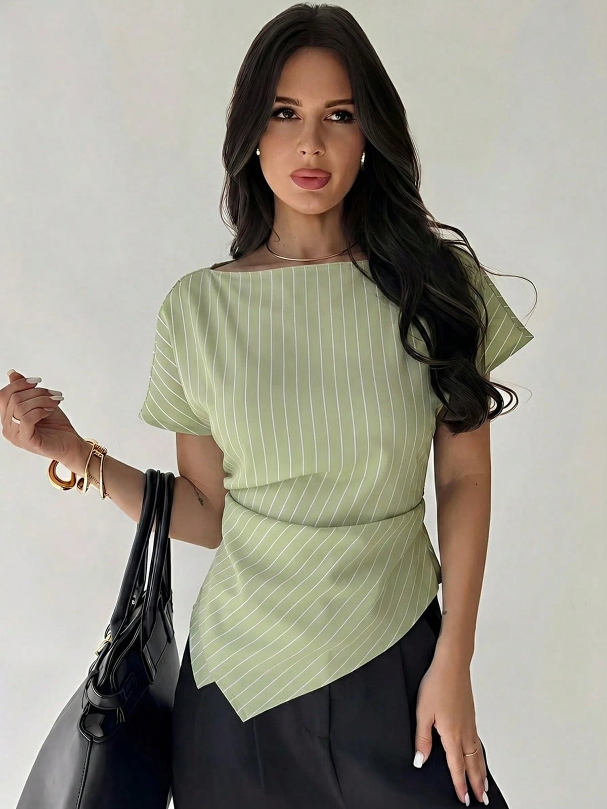 Firerie Elegant Green And White Striped Summer Blouse,Asymmetric Hem Office Work Tops For Women,Business Casual Teacher Outfits,Fashionable Commuting Shirts