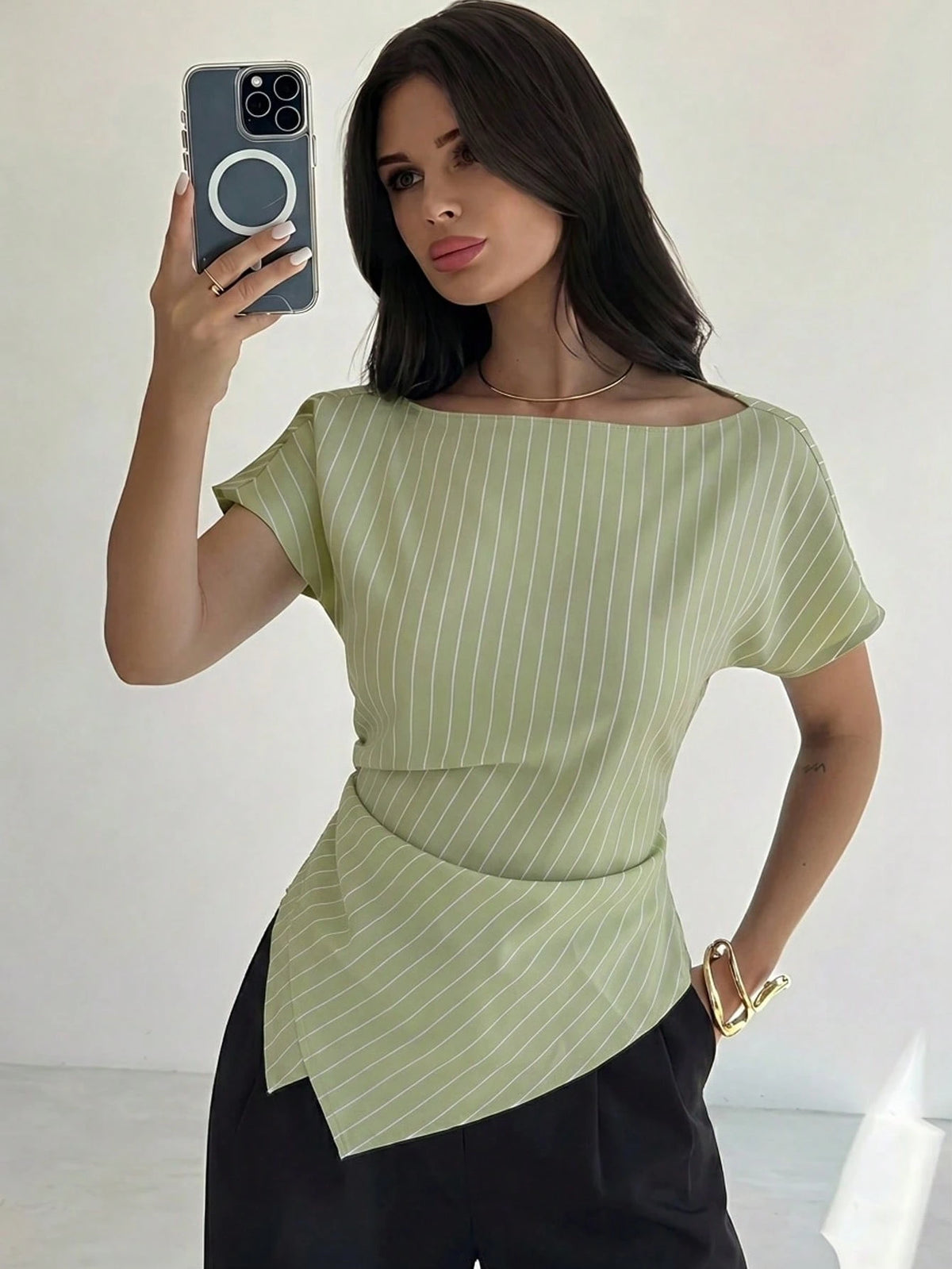 Firerie Elegant Green And White Striped Summer Blouse,Asymmetric Hem Office Work Tops For Women,Business Casual Teacher Outfits,Fashionable Commuting Shirts