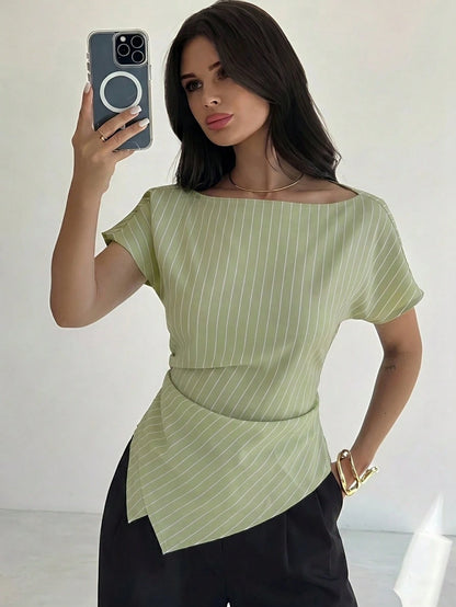 Firerie Elegant Green And White Striped Summer Blouse,Asymmetric Hem Office Work Tops For Women,Business Casual Teacher Outfits,Fashionable Commuting Shirts
