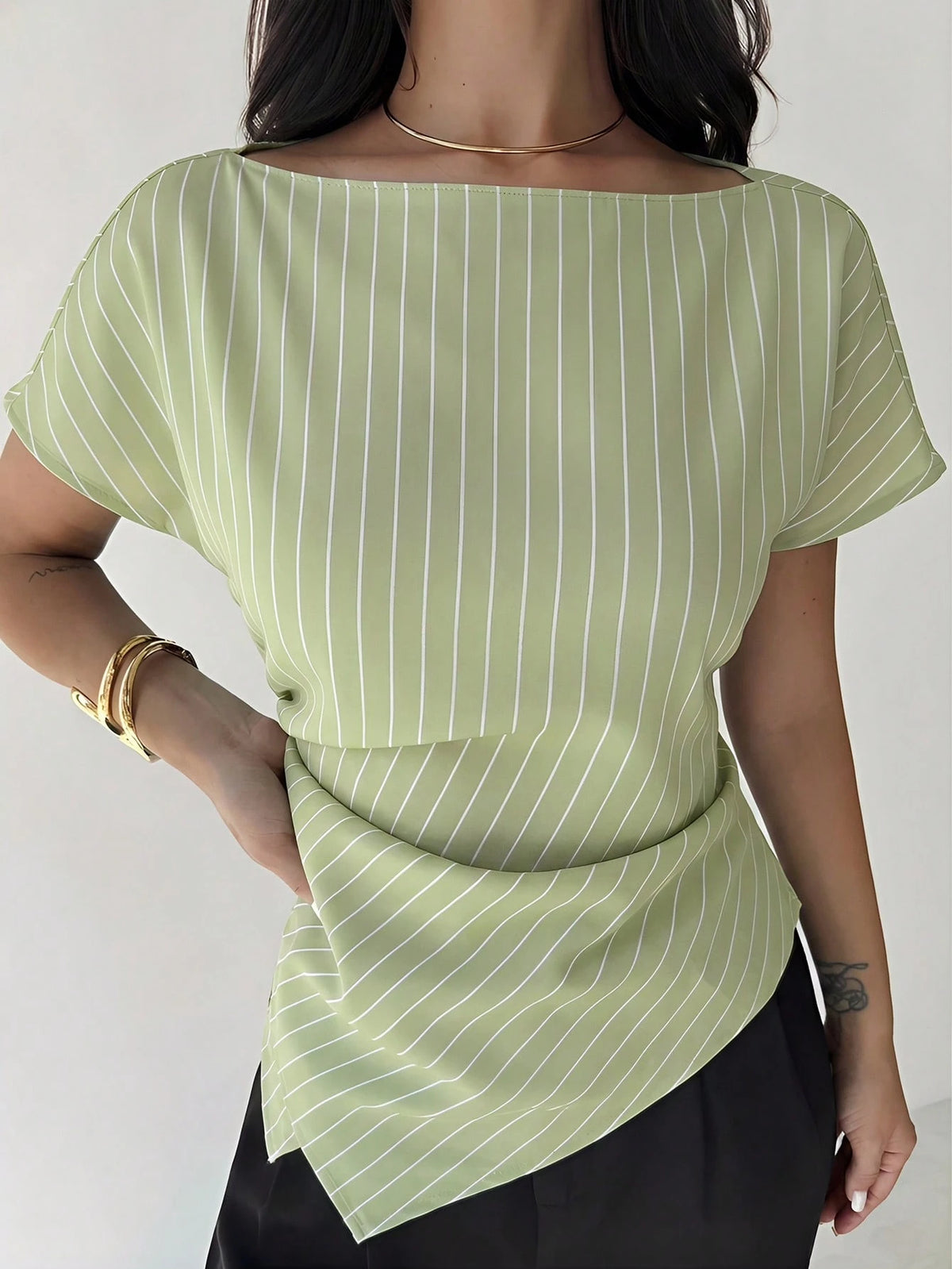 Firerie Elegant Green And White Striped Summer Blouse,Asymmetric Hem Office Work Tops For Women,Business Casual Teacher Outfits,Fashionable Commuting Shirts