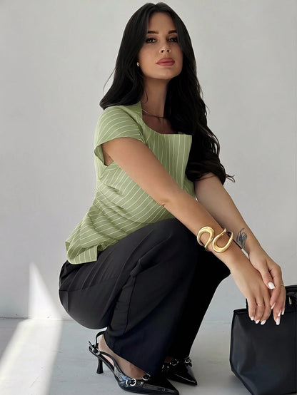 Firerie Elegant Green And White Striped Summer Blouse,Asymmetric Hem Office Work Tops For Women,Business Casual Teacher Outfits,Fashionable Commuting Shirts