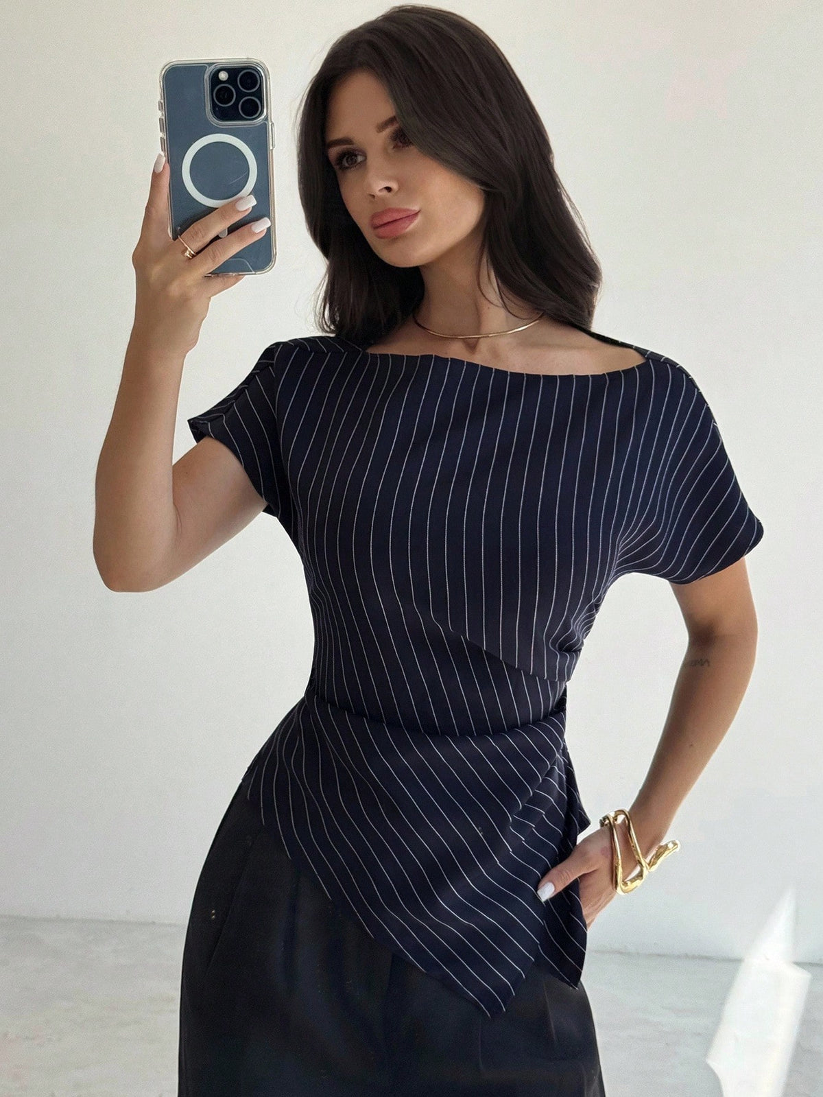 Firerie Elegant Green And White Striped Summer Blouse,Asymmetric Hem Office Work Tops For Women,Business Casual Teacher Outfits,Fashionable Commuting Shirts
