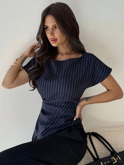 Firerie Elegant Green And White Striped Summer Blouse,Asymmetric Hem Office Work Tops For Women,Business Casual Teacher Outfits,Fashionable Commuting Shirts