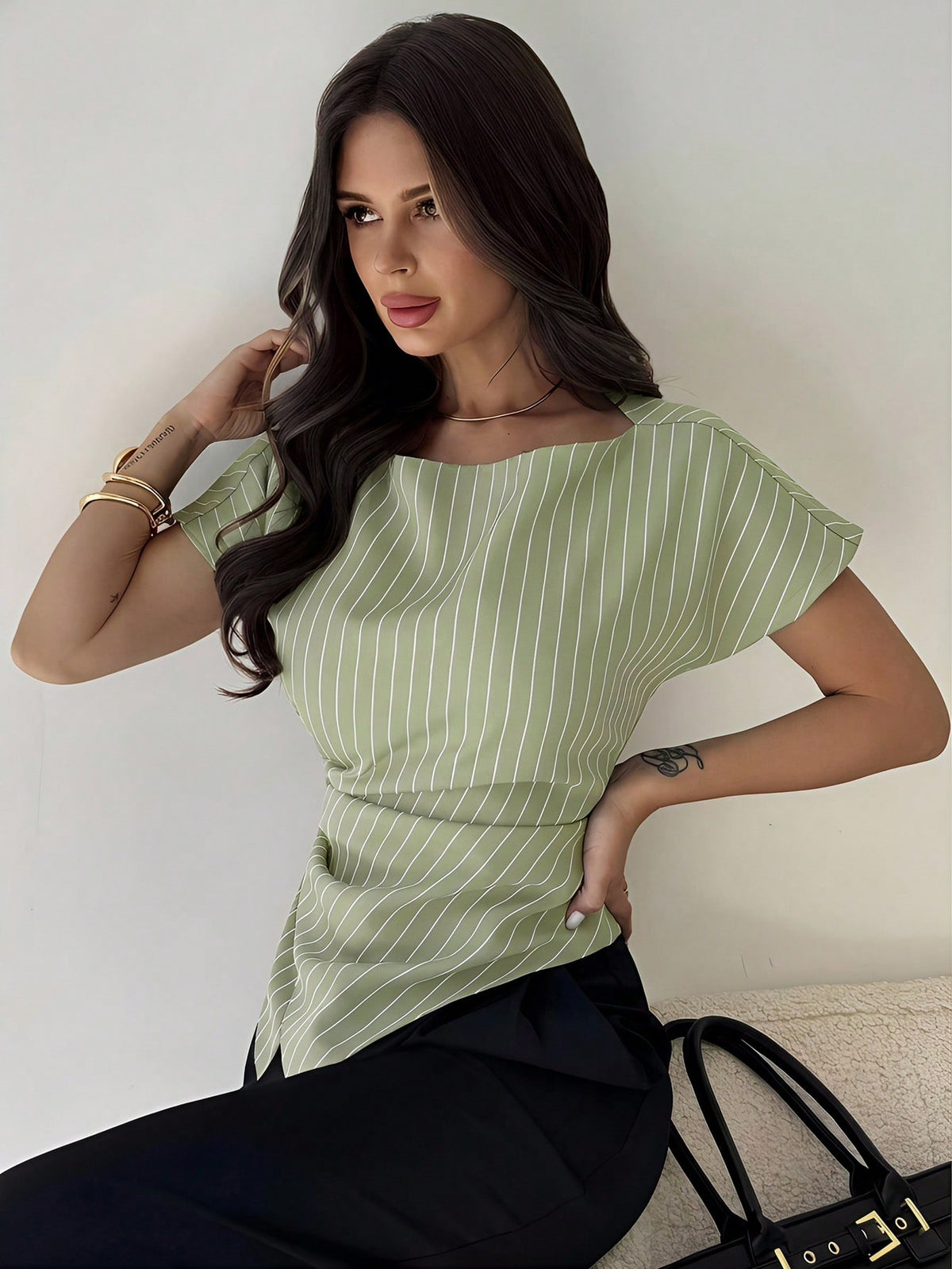 Firerie Elegant Green And White Striped Summer Blouse,Asymmetric Hem Office Work Tops For Women,Business Casual Teacher Outfits,Fashionable Commuting Shirts