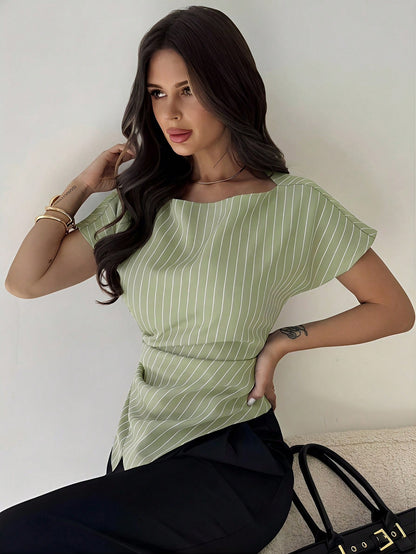 Firerie Elegant Green And White Striped Summer Blouse,Asymmetric Hem Office Work Tops For Women,Business Casual Teacher Outfits,Fashionable Commuting Shirts