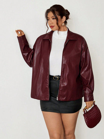Firerie Plus Size Solid Color Zip-Up Casual Versatile Long Sleeve Jacket Autumn Winter Clothes For Women Red Fall/Winter