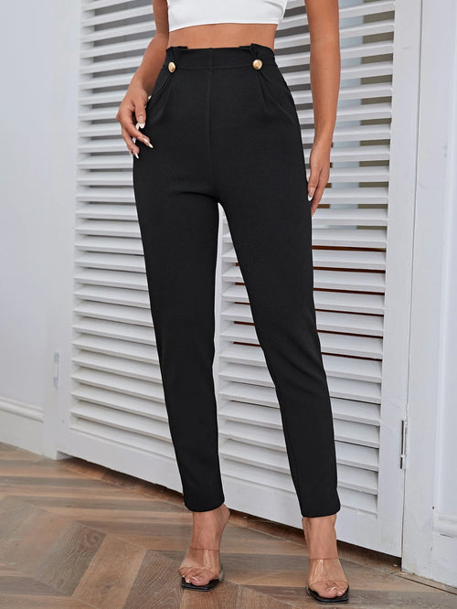 Firerie Women High Waist Button Detail Black Pants