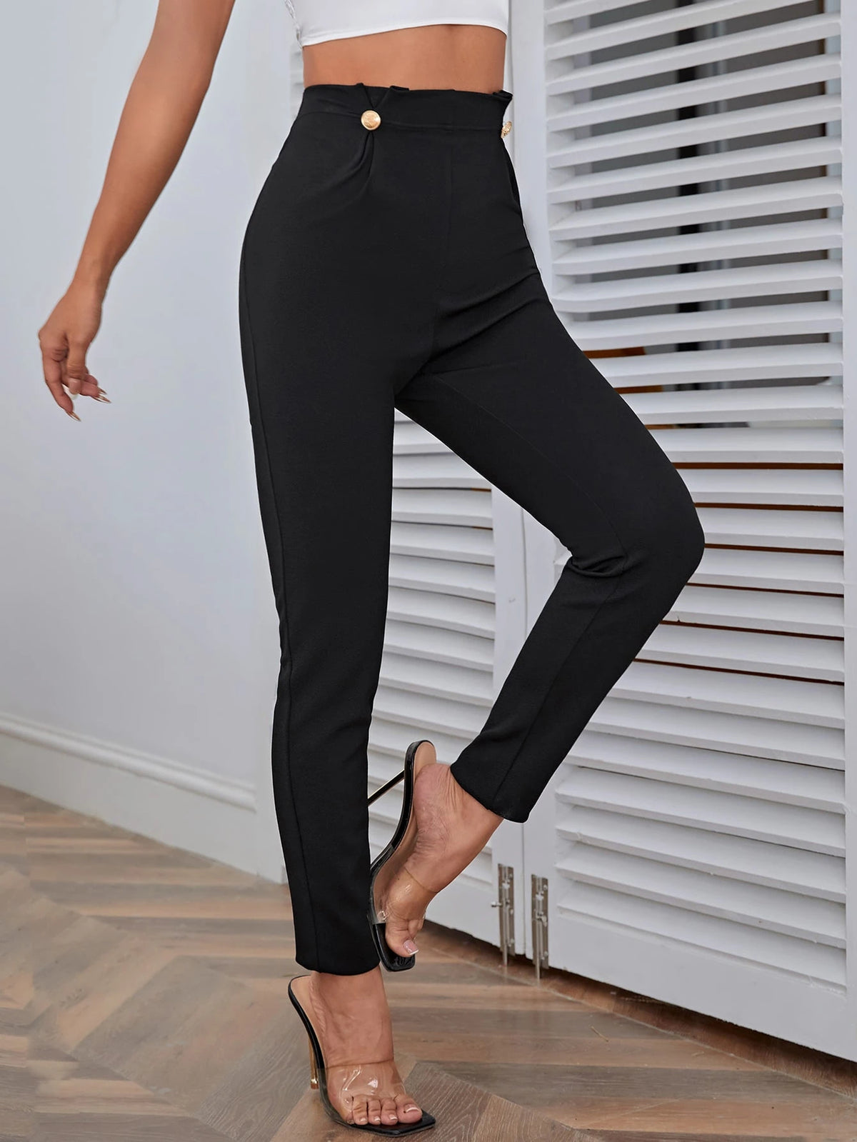 Firerie Women High Waist Button Detail Black Pants