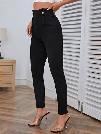 Firerie Women High Waist Button Detail Black Pants