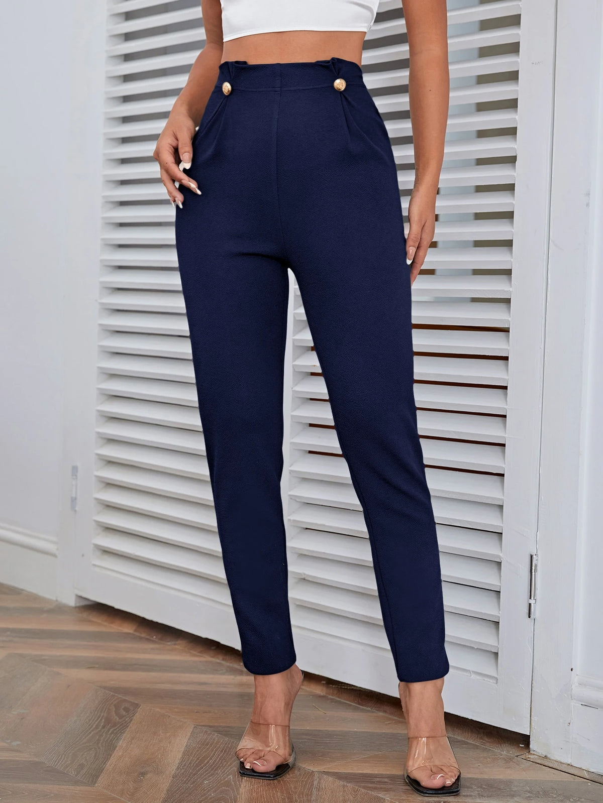 Firerie Women High Waist Button Detail Black Pants