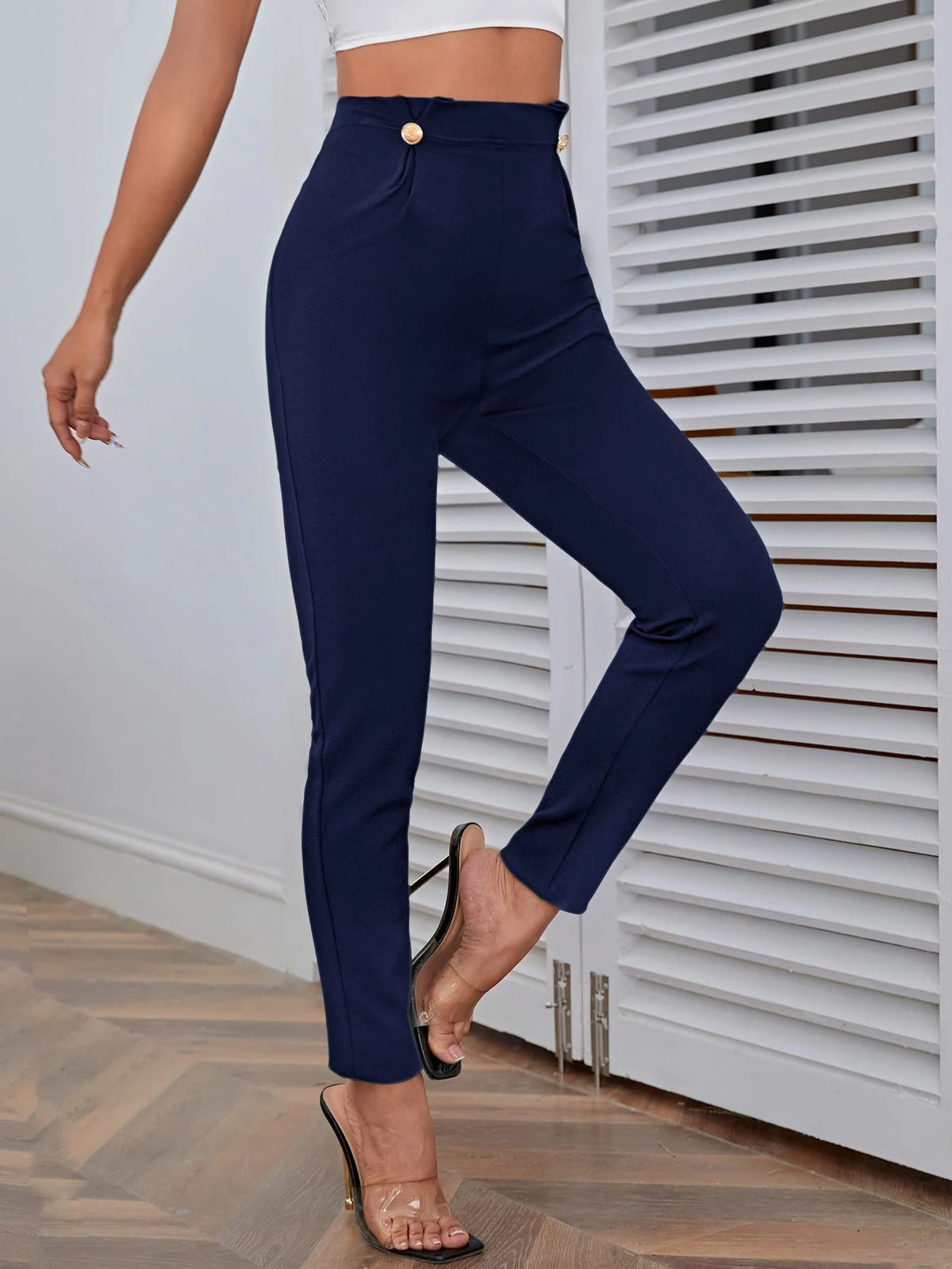 Firerie Women High Waist Button Detail Black Pants