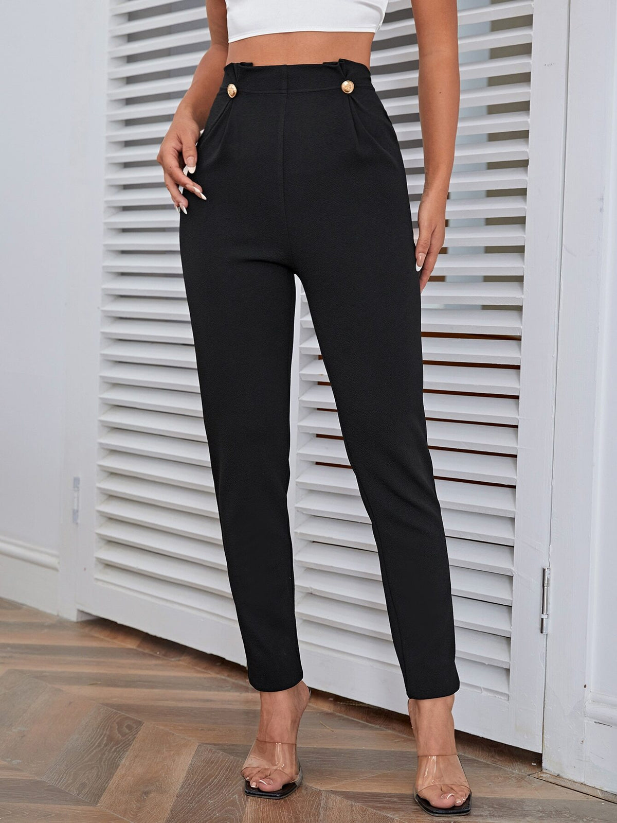 Firerie Women High Waist Button Detail Black Pants