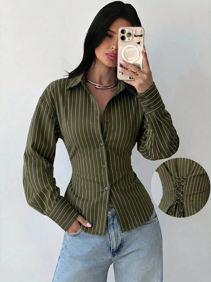 Firerie Women's Army Green Long Sleeve Shirt, Back Cinched Waist Shirt, Daily Commute, Vacation, Spring Summer Autumn Winter Clothing, Elegant Business Casual