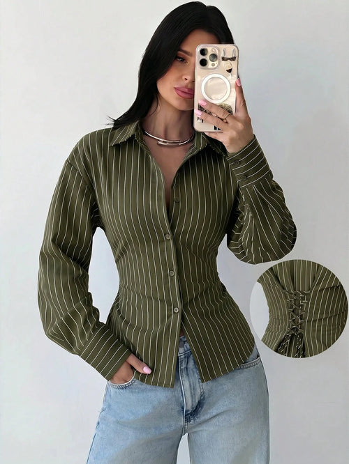 Firerie Women's Army Green Long Sleeve Shirt, Back Cinched Waist Shirt, Daily Commute, Vacation, Spring Summer Autumn Winter Clothing, Elegant Business Casual