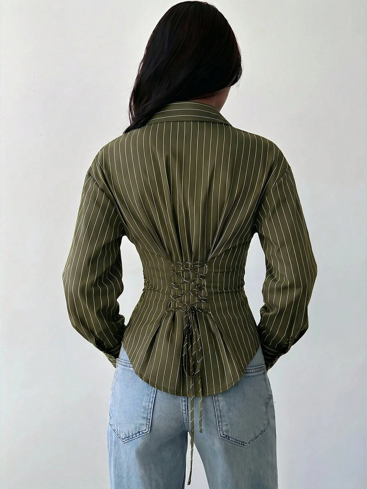 Firerie Women's Army Green Long Sleeve Shirt, Back Cinched Waist Shirt, Daily Commute, Vacation, Spring Summer Autumn Winter Clothing, Elegant Business Casual