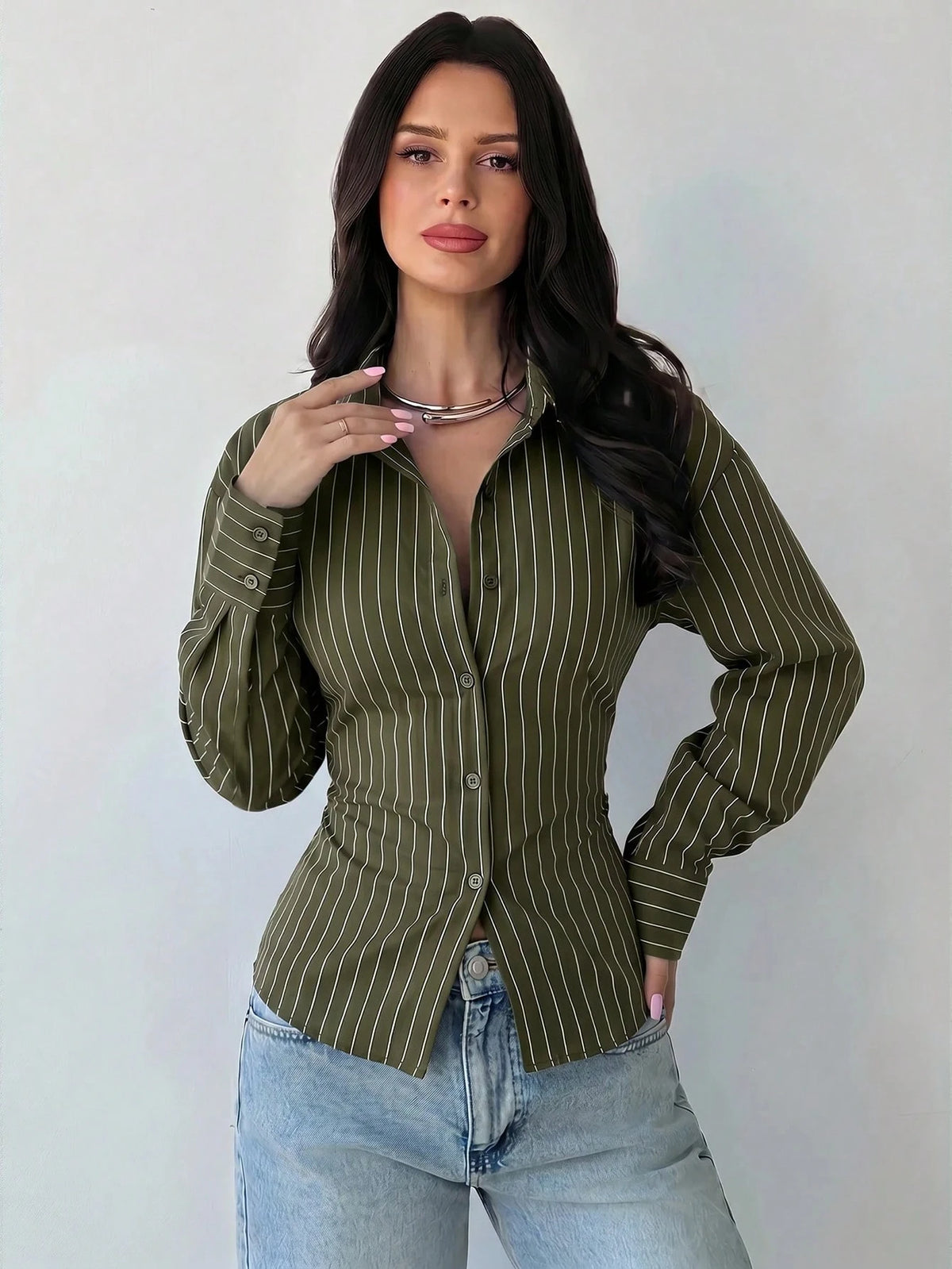 Firerie Women's Army Green Long Sleeve Shirt, Back Cinched Waist Shirt, Daily Commute, Vacation, Spring Summer Autumn Winter Clothing, Elegant Business Casual