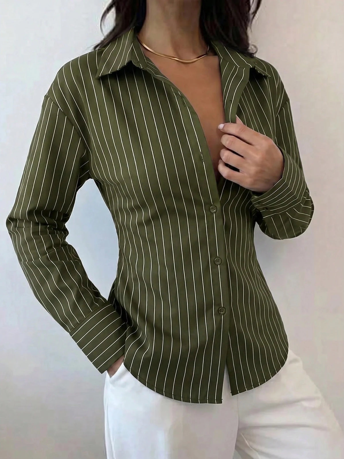 Firerie Women's Army Green Long Sleeve Shirt, Back Cinched Waist Shirt, Daily Commute, Vacation, Spring Summer Autumn Winter Clothing, Elegant Business Casual