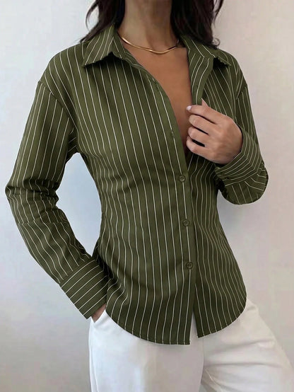 Firerie Women's Army Green Long Sleeve Shirt, Back Cinched Waist Shirt, Daily Commute, Vacation, Spring Summer Autumn Winter Clothing, Elegant Business Casual