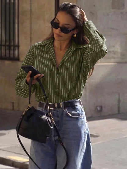 Firerie Women's Army Green Long Sleeve Shirt, Back Cinched Waist Shirt, Daily Commute, Vacation, Spring Summer Autumn Winter Clothing, Elegant Business Casual