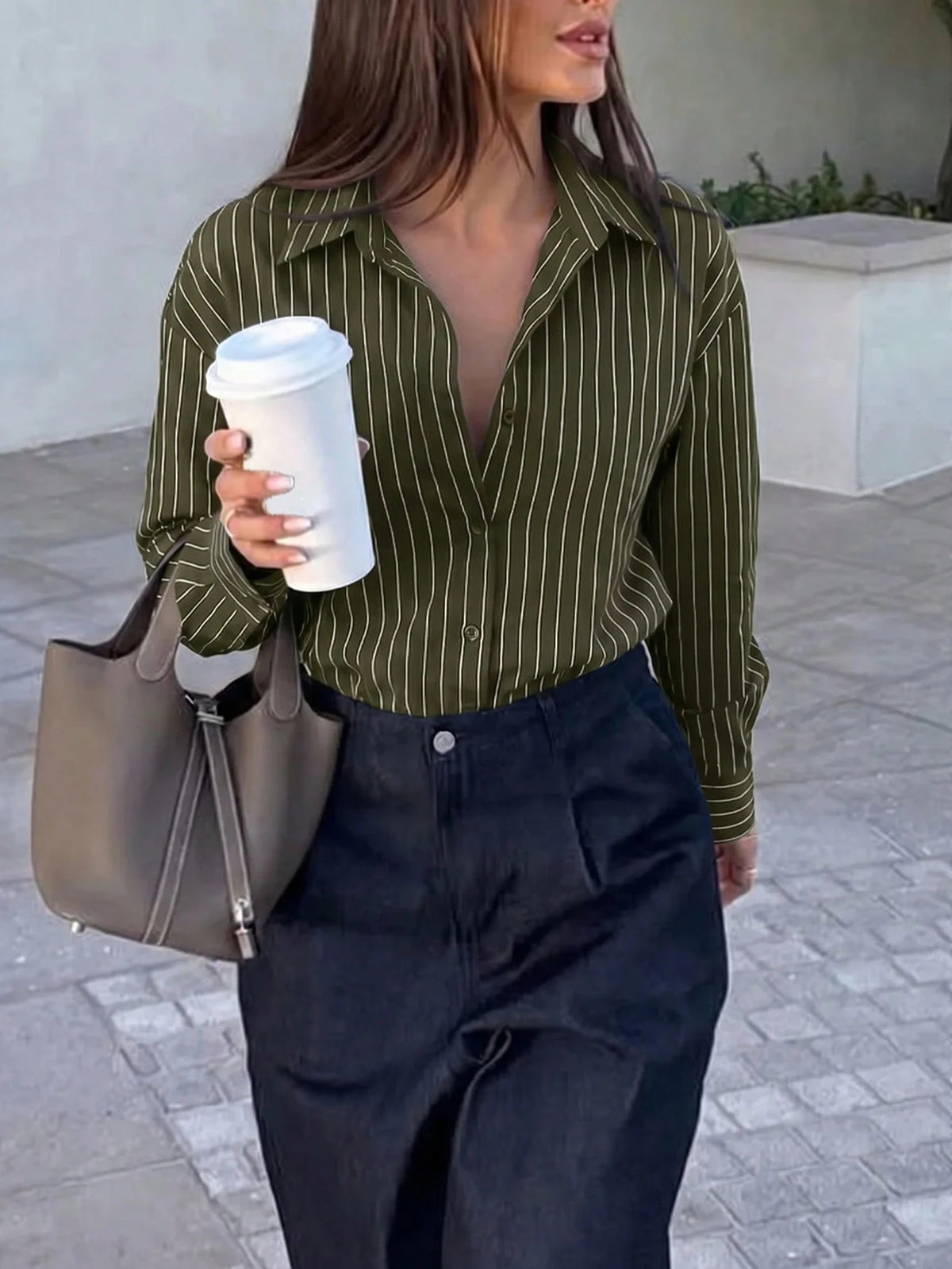 Firerie Women's Army Green Long Sleeve Shirt, Back Cinched Waist Shirt, Daily Commute, Vacation, Spring Summer Autumn Winter Clothing, Elegant Business Casual