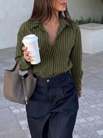 Firerie Women's Army Green Long Sleeve Shirt, Back Cinched Waist Shirt, Daily Commute, Vacation, Spring Summer Autumn Winter Clothing, Elegant Business Casual