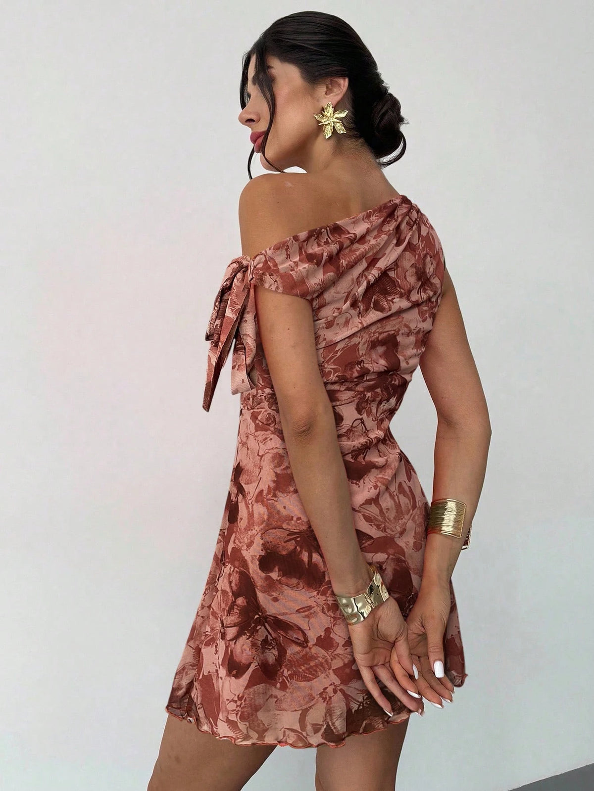 Firerie Women's Dusty Pink Floral Asymmetrical Shoulder Mesh Mini Dress,Summer Seductive Date Night Elegant Vacation Beach Outfit,Party Graduation Prom Dress