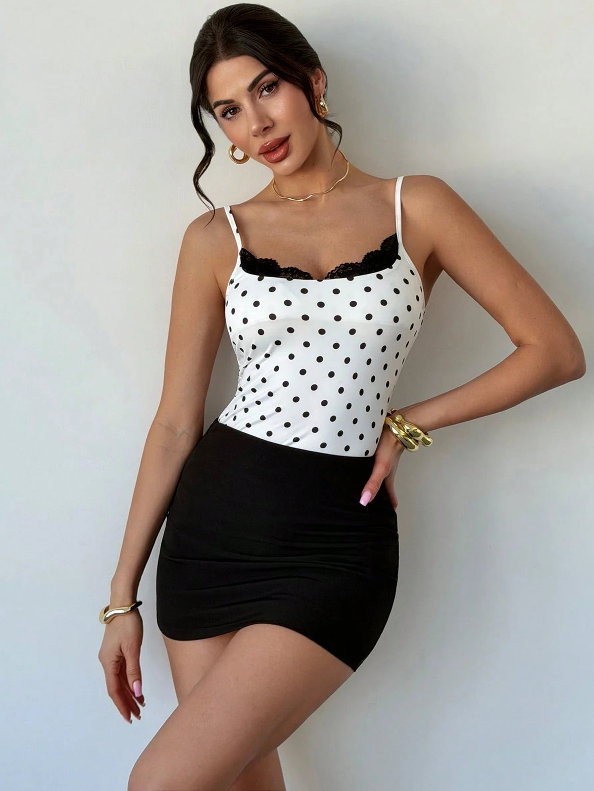 Firerie Women's White With Black Polka Dots Cami Top,Elegant French Romantic Classy Summer Tea Party Vacation Lace Trim Corset,Versatile Holiday Top