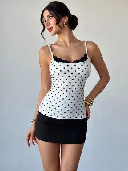 Firerie Women's White With Black Polka Dots Cami Top,Elegant French Romantic Classy Summer Tea Party Vacation Lace Trim Corset,Versatile Holiday Top