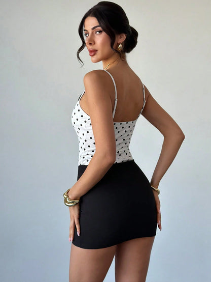 Firerie Women's White With Black Polka Dots Cami Top,Elegant French Romantic Classy Summer Tea Party Vacation Lace Trim Corset,Versatile Holiday Top
