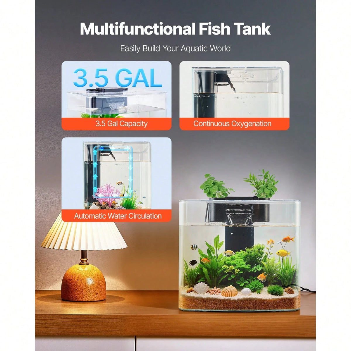 Fish Tank Aquarium, 3.5 Gallon Arch Ultra-Clear GPPS Starter Smart Tank Adjustable 3 Color Lighting, Self Cleaning System Fishbowl For Freshwater & Saltwater Fish Home, Office, Or Pet Use