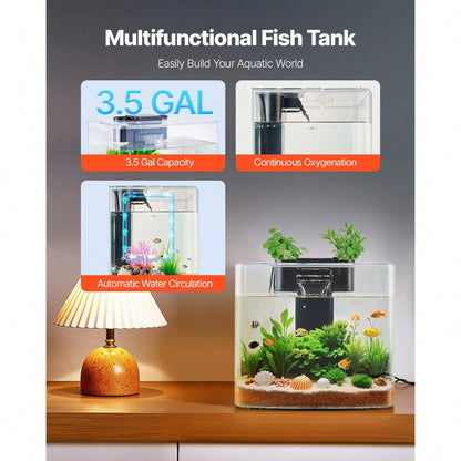 Fish Tank Aquarium, 3.5 Gallon Arch Ultra-Clear GPPS Starter Smart Tank Adjustable 3 Color Lighting, Self Cleaning System Fishbowl For Freshwater & Saltwater Fish Home, Office, Or Pet Use
