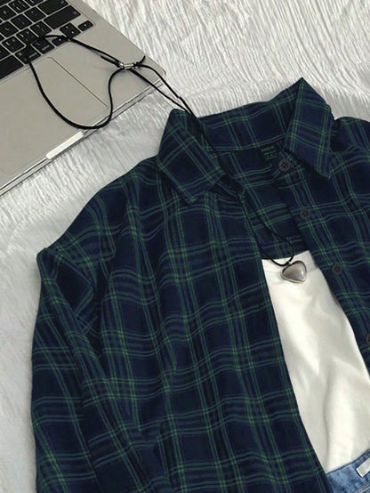 Flirla Vintage Plaid Loose Fit Shirt For Women, Fashionable And Versatile, Autumn/Winter