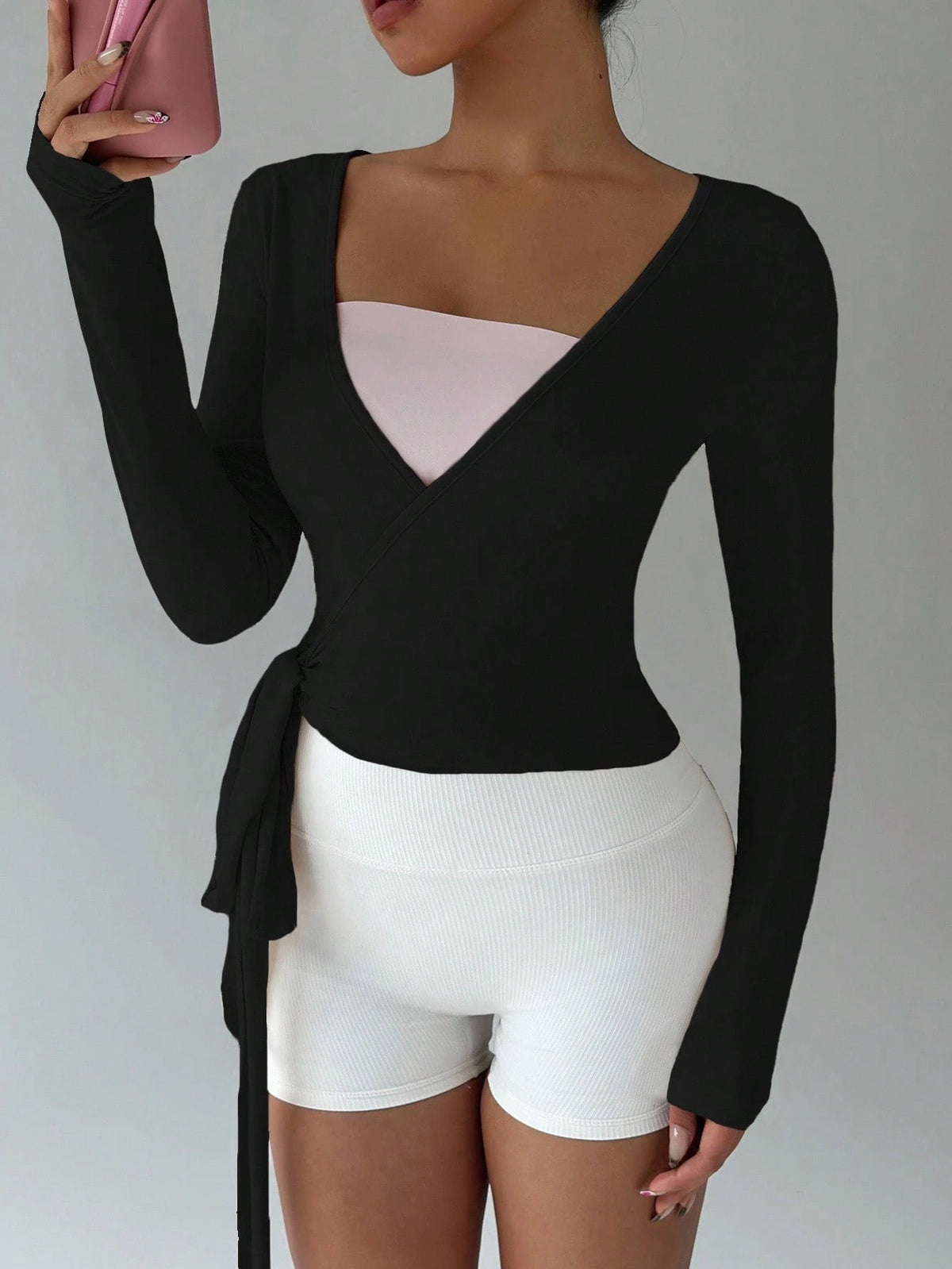 Flirla Women's Black Athleisure Gym Yoga Fitness Sports Stretchy Soft Open Front Tie-Up V-Neck Wrap Long Sleeve Cropped Tight Tee,Autumn Fall Clothing