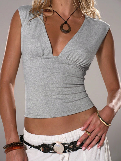 Flirla Women's Deep V-Neck Tight Casual Versatile Top, Spring/Summer