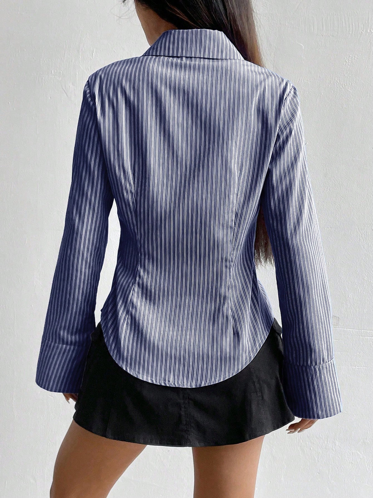 Flirla Women's Elegant Blue And White Stripe Long Sleeve Shirt,Slim Fit Professional Business Attire Office Workwear,Ladies Button Collar Autumn Blouses