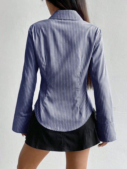 Flirla Women's Elegant Blue And White Stripe Long Sleeve Shirt,Slim Fit Professional Business Attire Office Workwear,Ladies Button Collar Autumn Blouses