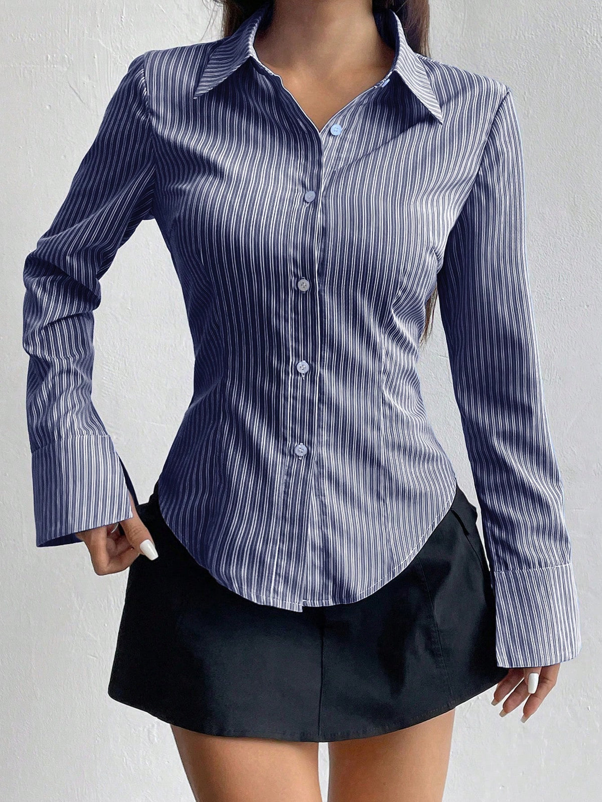 Flirla Women's Elegant Blue And White Stripe Long Sleeve Shirt,Slim Fit Professional Business Attire Office Workwear,Ladies Button Collar Autumn Blouses