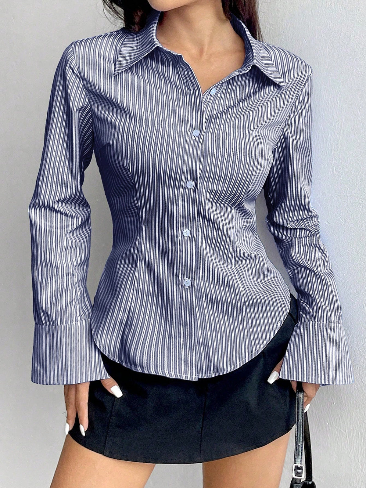 Flirla Women's Elegant Blue And White Stripe Long Sleeve Shirt,Slim Fit Professional Business Attire Office Workwear,Ladies Button Collar Autumn Blouses