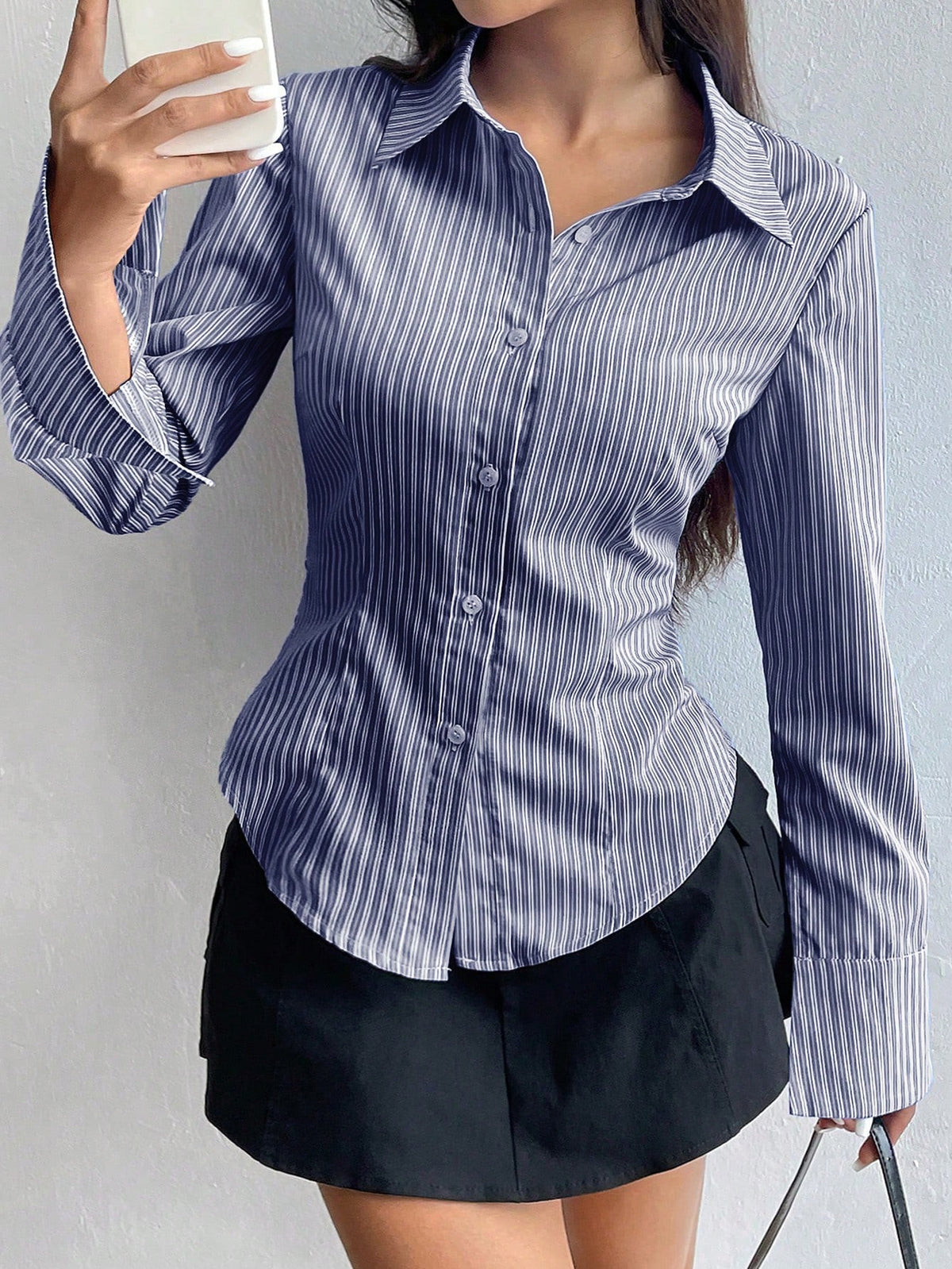 Flirla Women's Elegant Blue And White Stripe Long Sleeve Shirt,Slim Fit Professional Business Attire Office Workwear,Ladies Button Collar Autumn Blouses