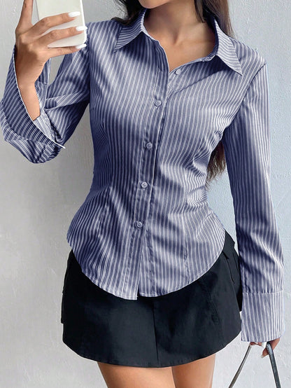 Flirla Women's Elegant Blue And White Stripe Long Sleeve Shirt,Slim Fit Professional Business Attire Office Workwear,Ladies Button Collar Autumn Blouses