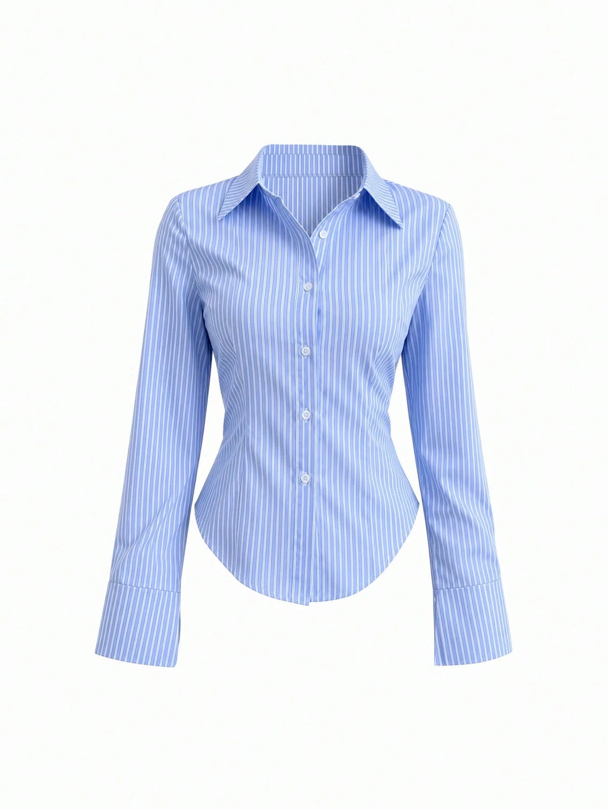 Flirla Women's Elegant Blue And White Stripe Long Sleeve Shirt,Slim Fit Professional Business Attire Office Workwear,Ladies Button Collar Autumn Blouses