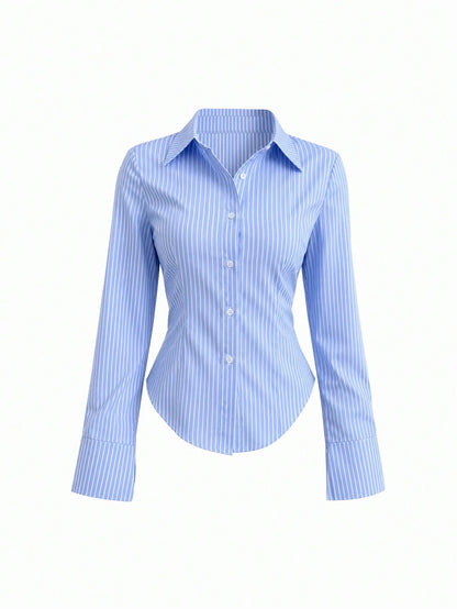 Flirla Women's Elegant Blue And White Stripe Long Sleeve Shirt,Slim Fit Professional Business Attire Office Workwear,Ladies Button Collar Autumn Blouses
