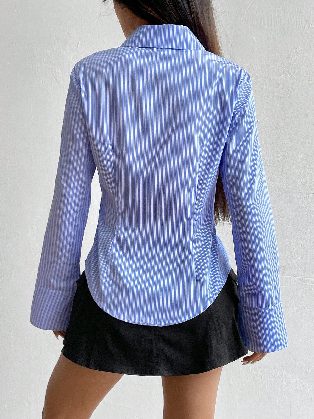 Flirla Women's Elegant Blue And White Stripe Long Sleeve Shirt,Slim Fit Professional Business Attire Office Workwear,Ladies Button Collar Autumn Blouses