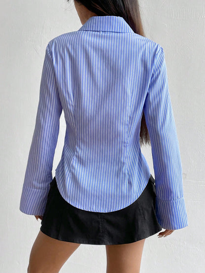 Flirla Women's Elegant Blue And White Stripe Long Sleeve Shirt,Slim Fit Professional Business Attire Office Workwear,Ladies Button Collar Autumn Blouses