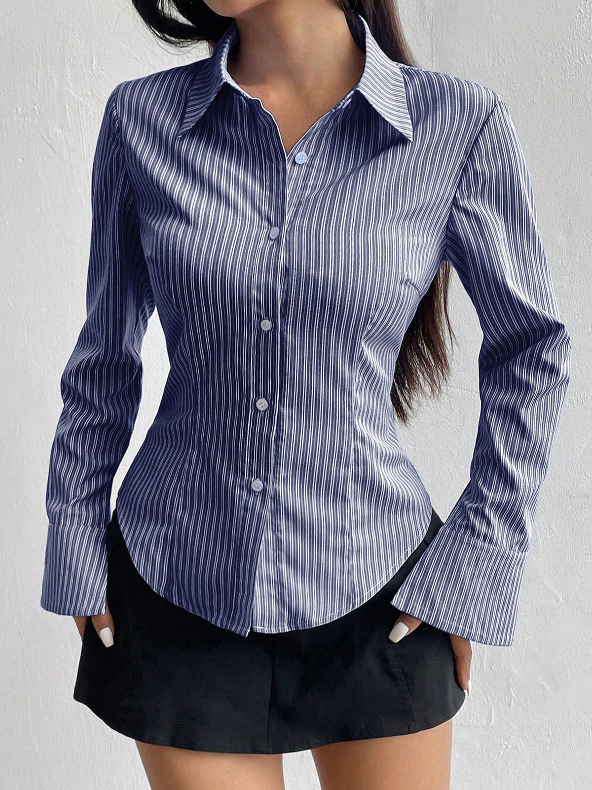 Flirla Women's Elegant Blue And White Stripe Long Sleeve Shirt,Slim Fit Professional Business Attire Office Workwear,Ladies Button Collar Autumn Blouses